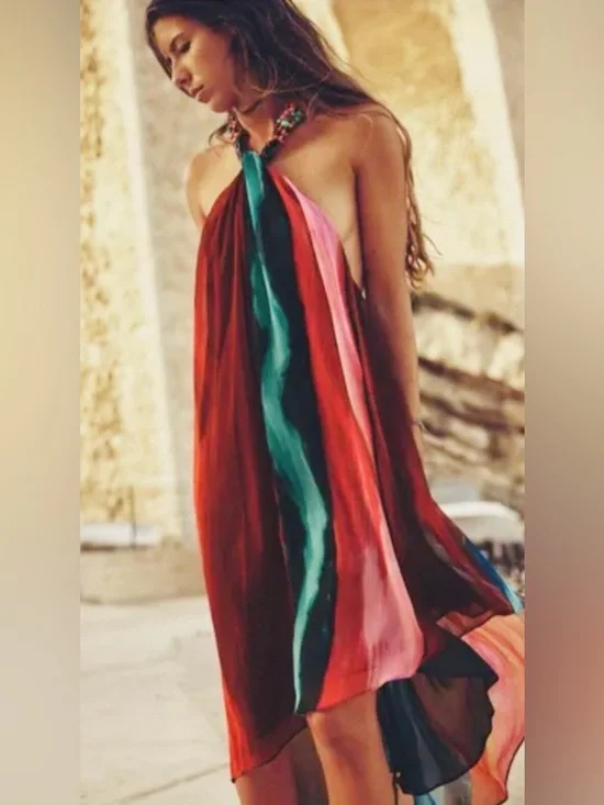 Zara Women Multicolor Beaded Halter Dress, beach summer vacation dress - Picture 2 of 9